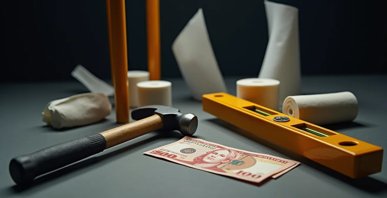 Travailleur blessé avec documents médicaux et factures illustrant les coûts d'un accident non couvert