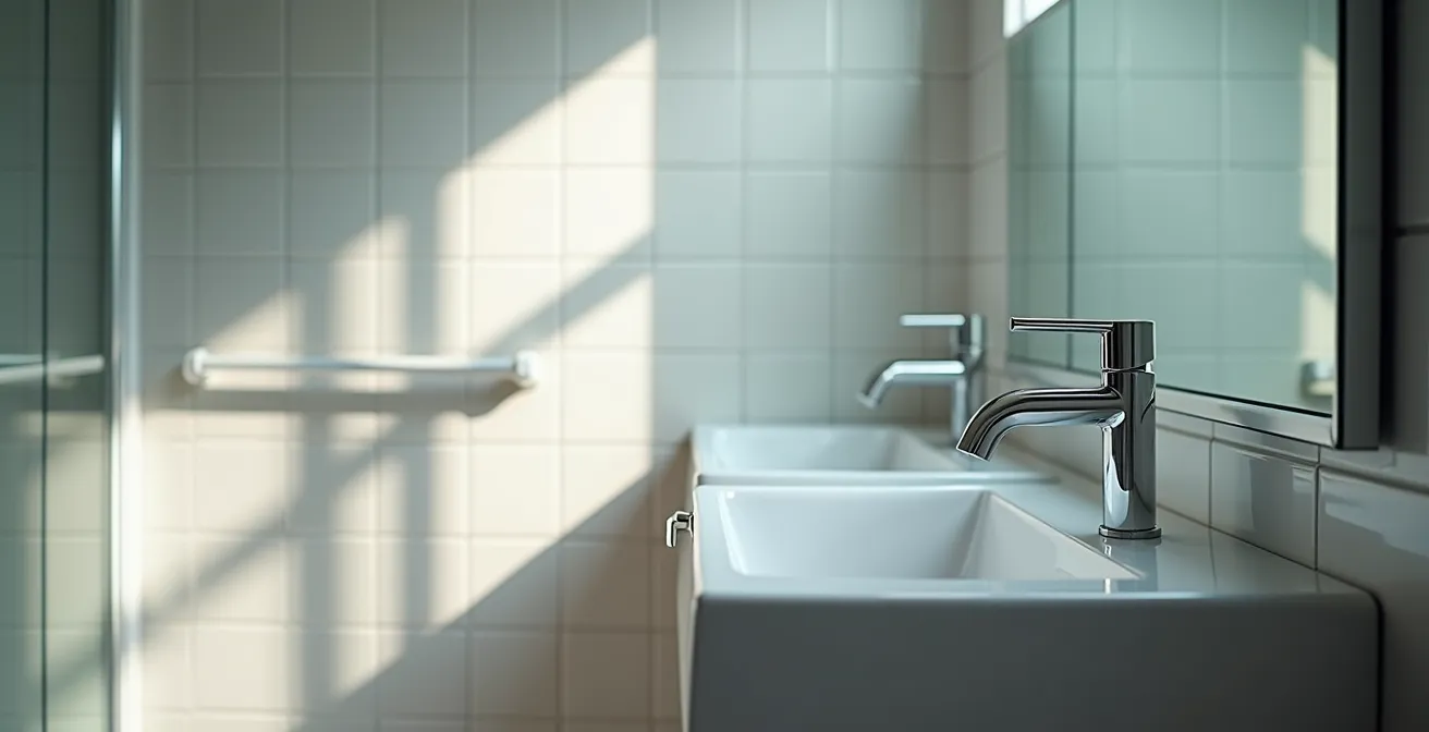 Salle de bain adaptée avec barres d'appui et éclairage optimal pour personnes âgées