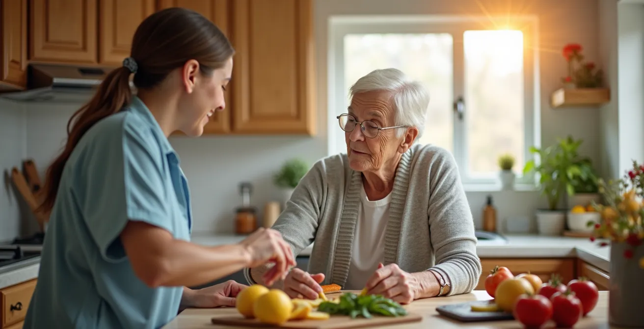 Aide-soignante accompagnant une personne âgée dans son environnement familier