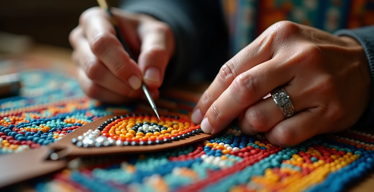 Artiste autochtone créant une œuvre contemporaine mêlant techniques traditionnelles et technologies modernes