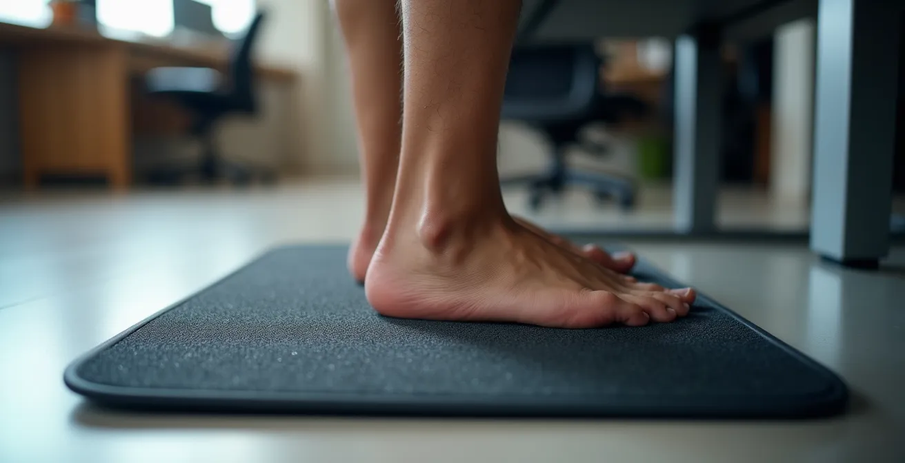 Gros plan sur les pieds d'une personne sur un tapis anti-fatigue devant un bureau ajustable