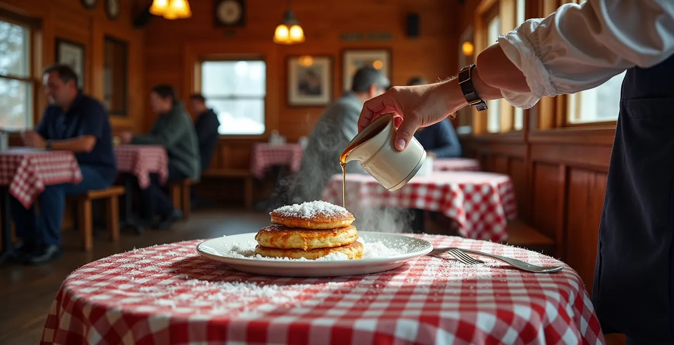 Intérieur chaleureux d'une cabane à sucre québécoise au printemps avec service aux tables
