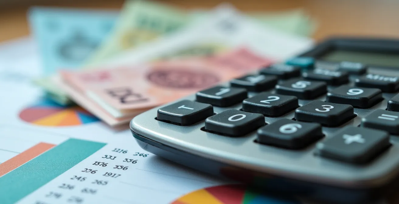 Vue macro de calculatrice et factures avec graphiques d'économies en arrière-plan