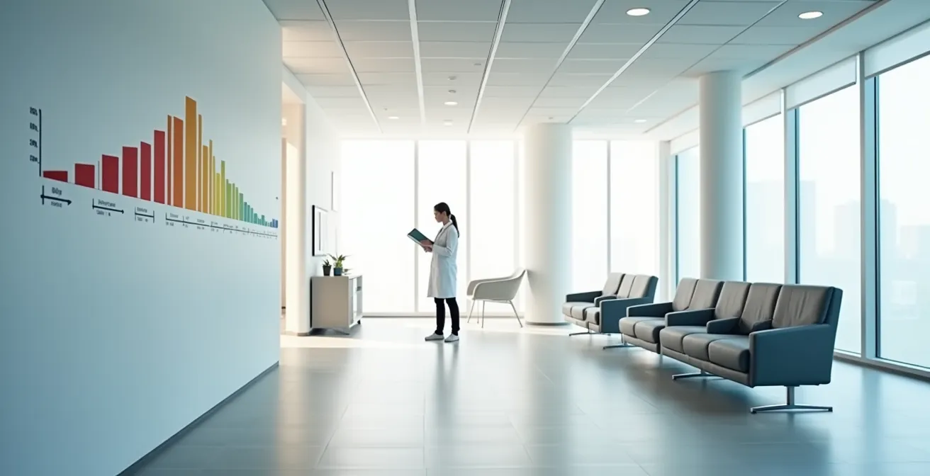 Vue environnementale d'un bureau de santé moderne avec calendrier de dépistage et documents de prévention