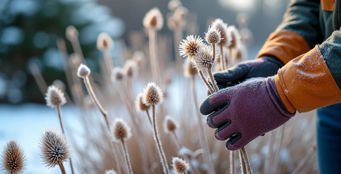 Vue panoramique d'un jardin quatre saisons avec vivaces en fleurs et structure hivernale