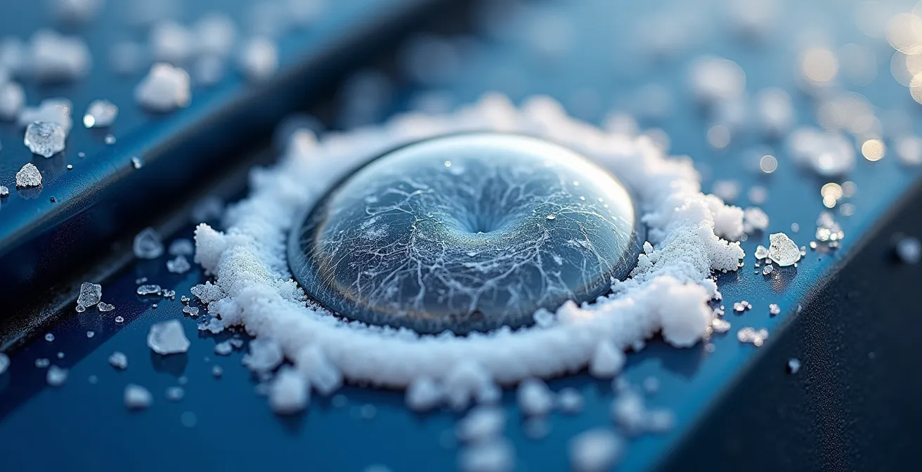 Gros plan macro sur un capteur radar de véhicule partiellement obstrué by de la neige et du sel de voirie
