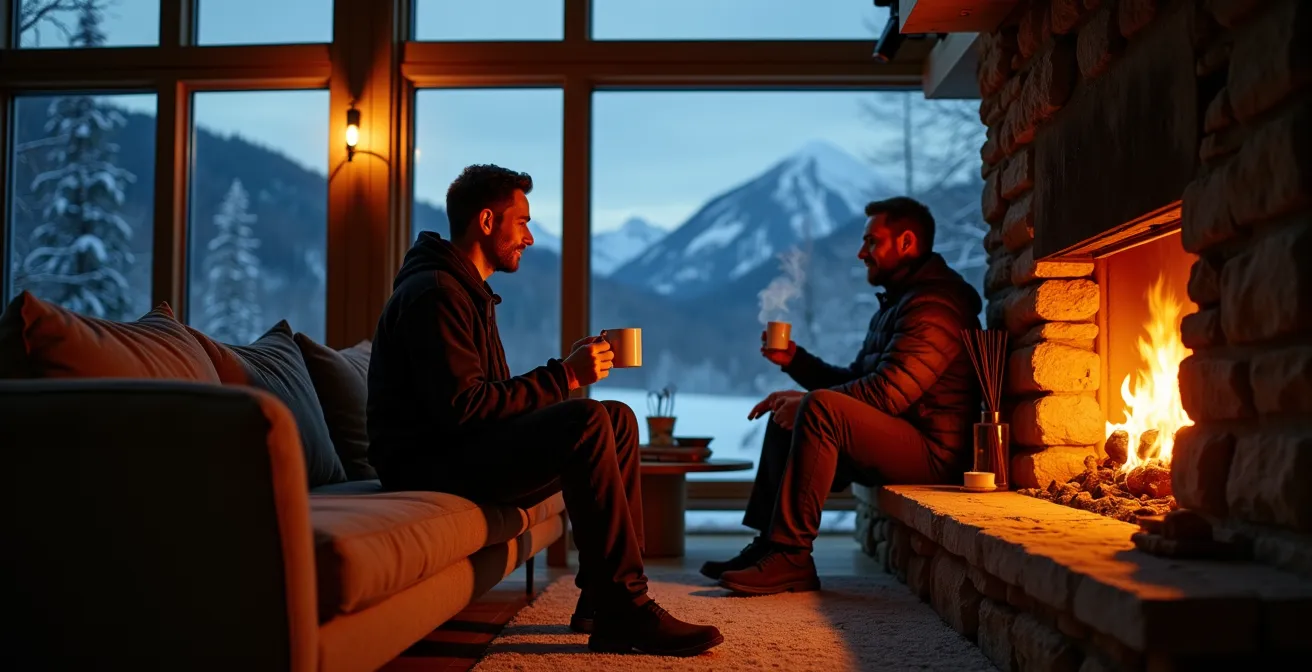 Intérieur chaleureux avec cheminée en pierre et vue sur montagnes enneigées