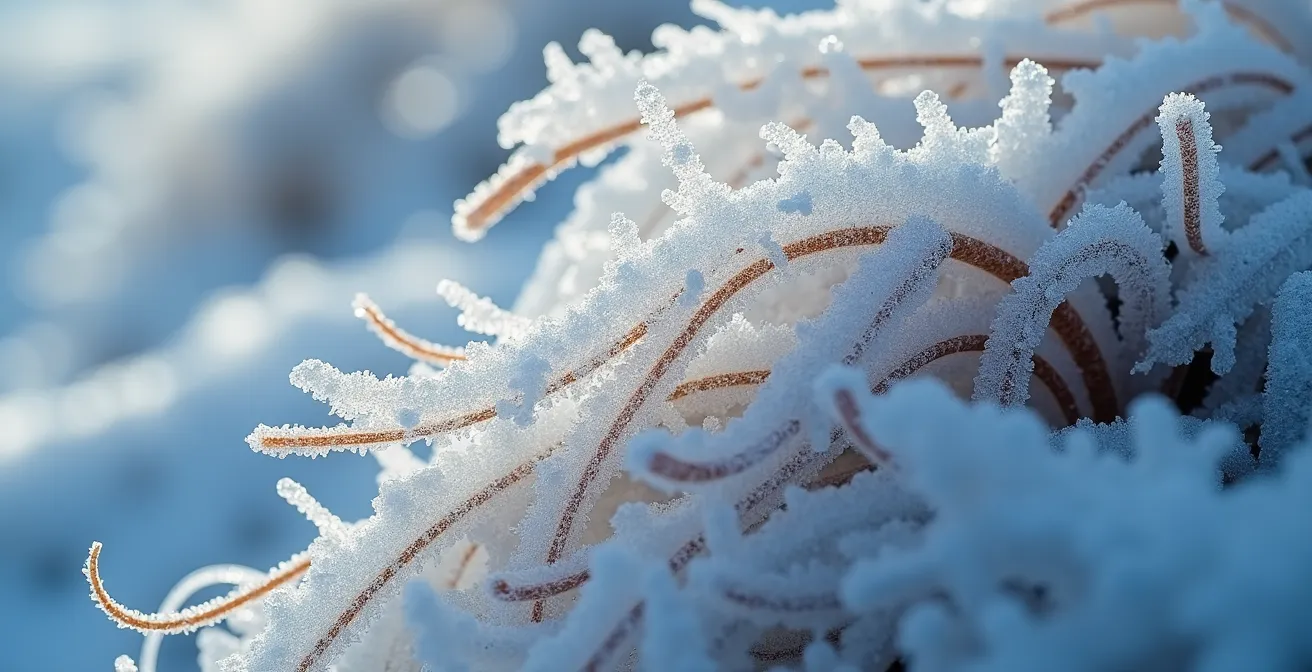 Vue macro de mèches de cheveux avec cristaux de glace formés montrant la fragilité de la fibre capillaire gelée