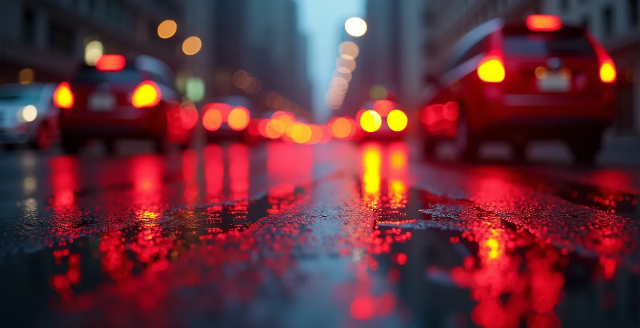 Vue macro de feux arrière de véhicules créant des traînées lumineuses rouges sur un pont