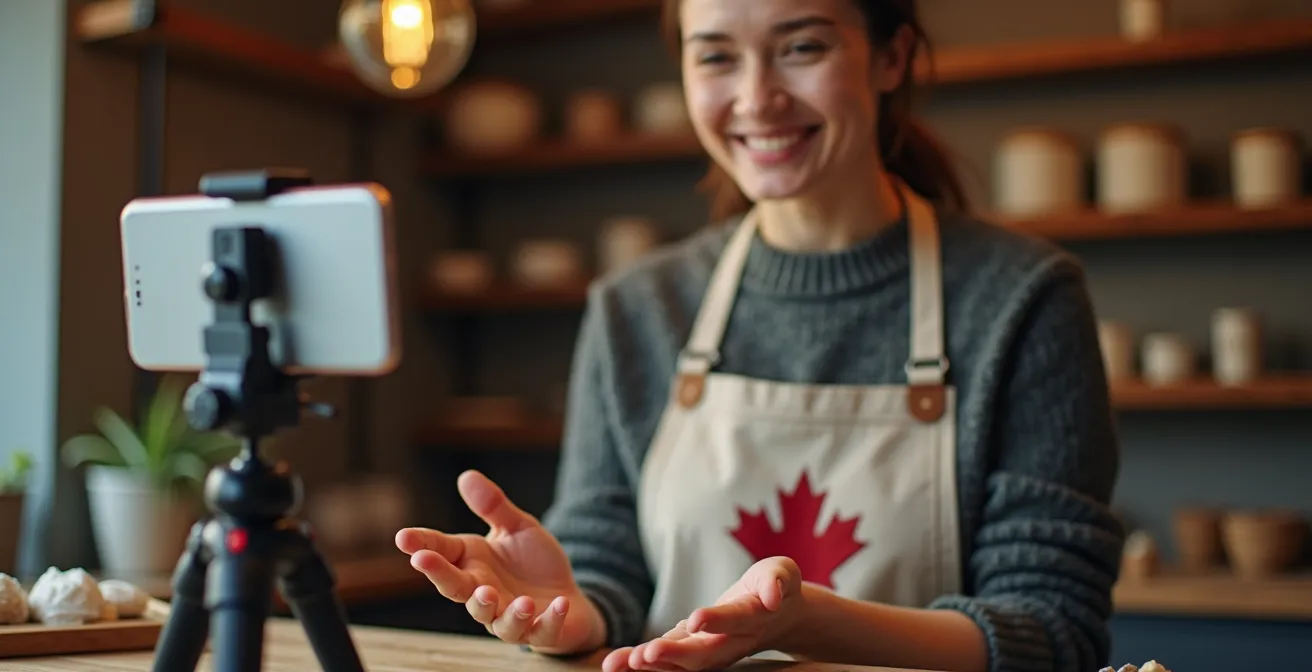 Commerçant créant du contenu authentique pour les réseaux sociaux dans sa boutique