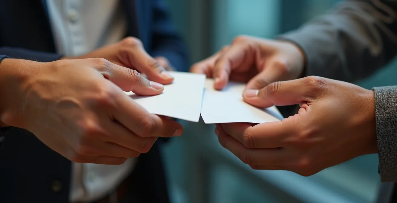 Macro sur des mains de différentes ethnicités échangeant des cartes de visite avec respect