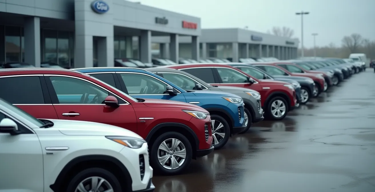 Rangée de véhicules identiques en différentes couleurs dans un stationnement de concessionnaire