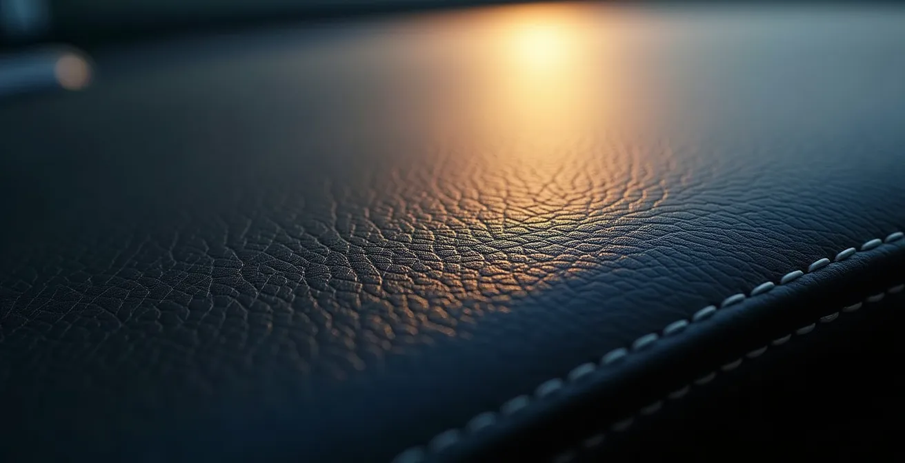 Vue macro détaillée de la texture d'un tableau de bord automobile avec jeu de lumière