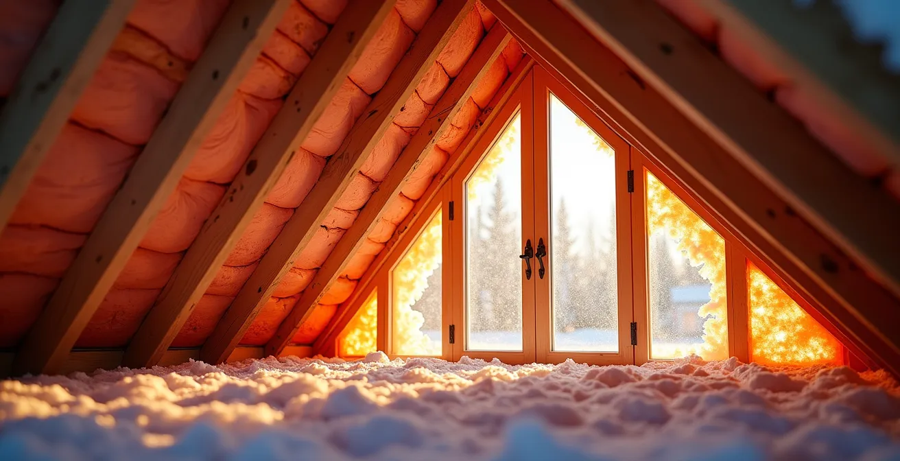 Vue en coupe d'une maison montrant les pertes de chaleur par l'entretoit versus les fenêtres