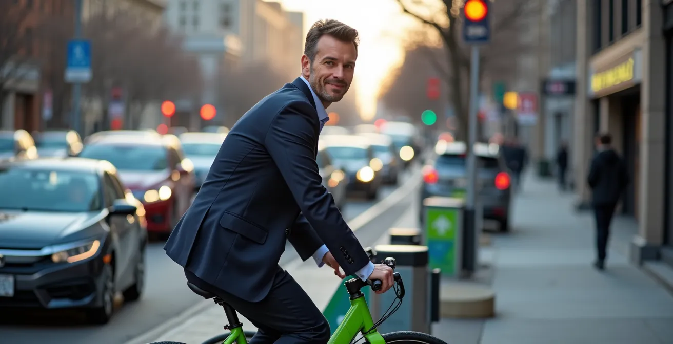 Cycliste BIXI arrivant à une station de métro pendant l'heure de pointe matinale
