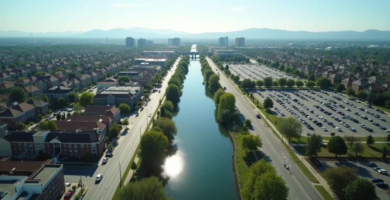 Vue aérienne contrastant centre urbain accessible et banlieue éloignée