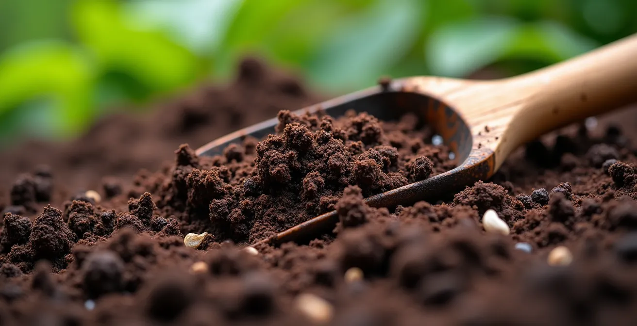 Gros plan sur un système de vermicompostage compact sur un balcon urbain avec terre riche et matières organiques