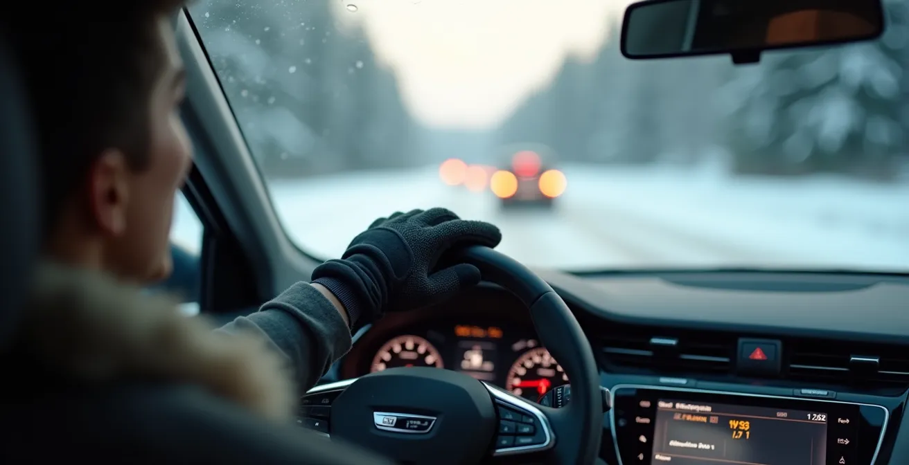 Vue intérieure d'un véhicule montrant un conducteur avec des gants d'hiver tentant d'utiliser un écran tactile