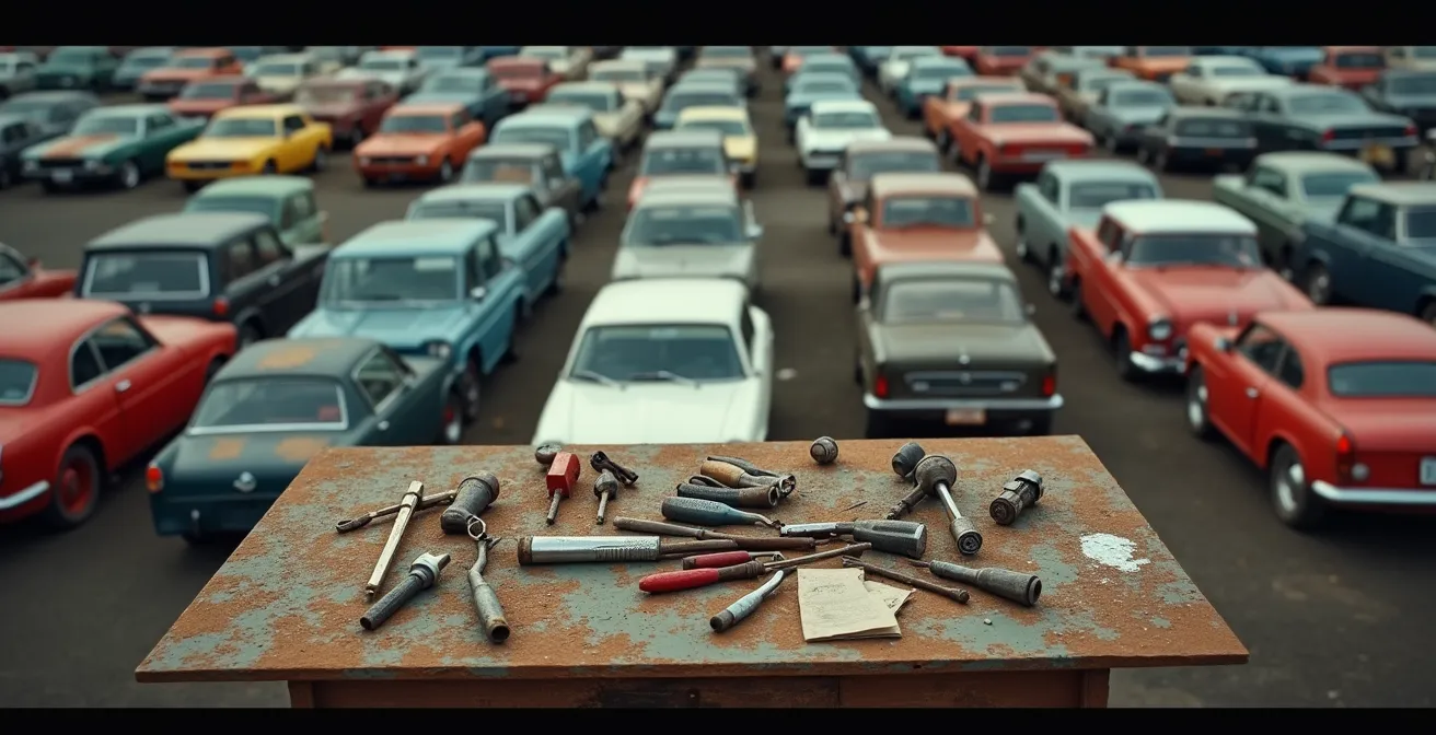 Vue aérienne d'une cour de recyclage automobile moderne avec rangées de véhicules organisées