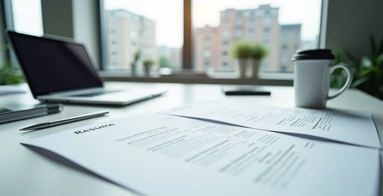 Documents CV organisés sur bureau avec café et ordinateur portable fermé