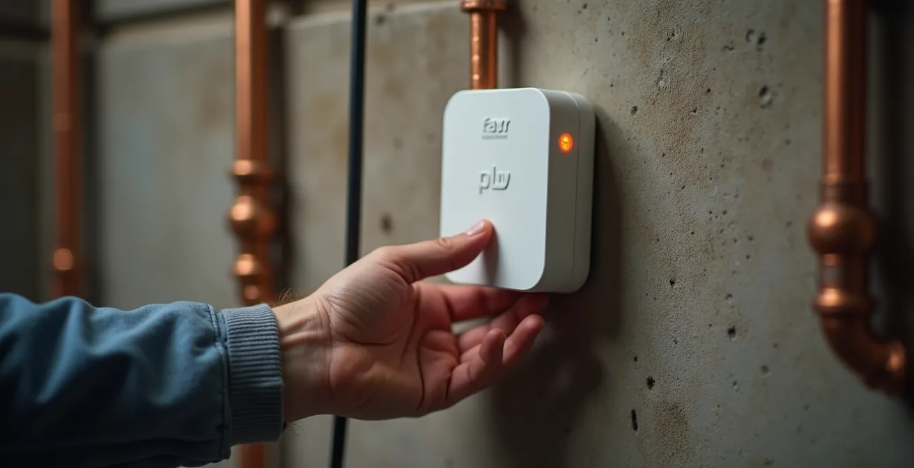 Détecteur de fuite d'eau installé près de tuyauterie dans un sous-sol canadien typique