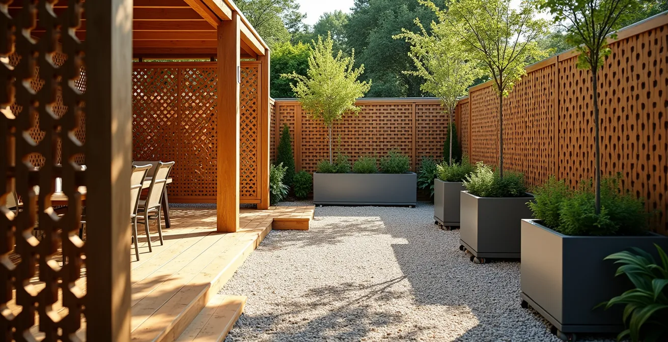 Aménagement de cour avec zones distinctes utilisant le principe du Miegakure