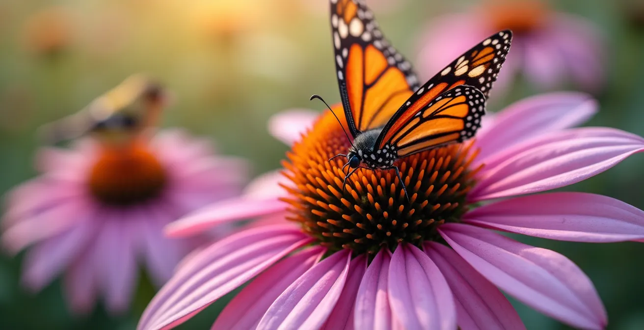 Massif d'échinacées pourpres et de rudbeckies jaunes dans un jardin naturel canadien