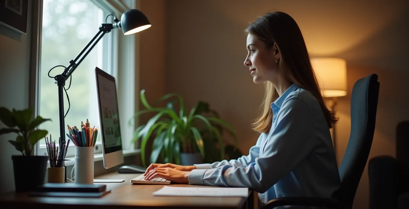 Bureau positionné perpendiculairement à une fenêtre avec éclairage en couches dans un sous-sol canadien aménagé