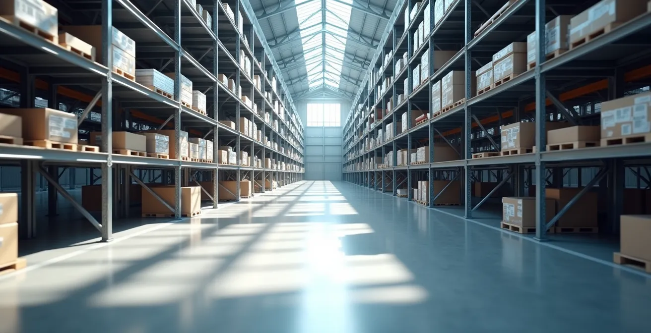 Vue large d'un entrepôt moderne avec rangées de rayonnages et espace négatif important