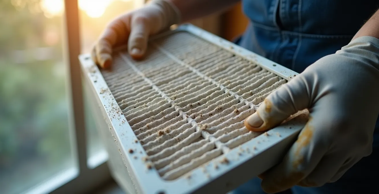 Mains retirant et nettoyant le filtre d'un échangeur d'air résidentiel