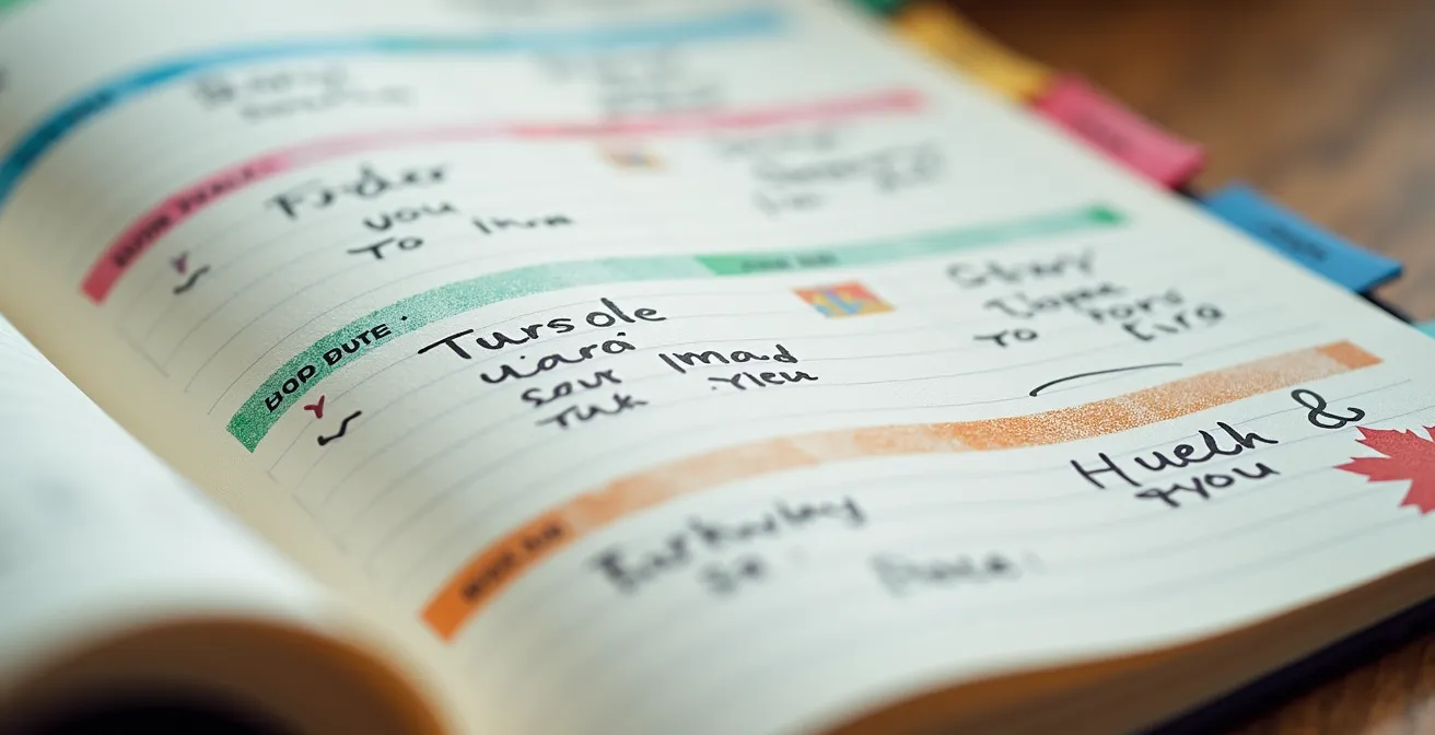 Gros plan macro sur les pages d'un agenda ouvert montrant une semaine organisée avec des textures de papier visibles