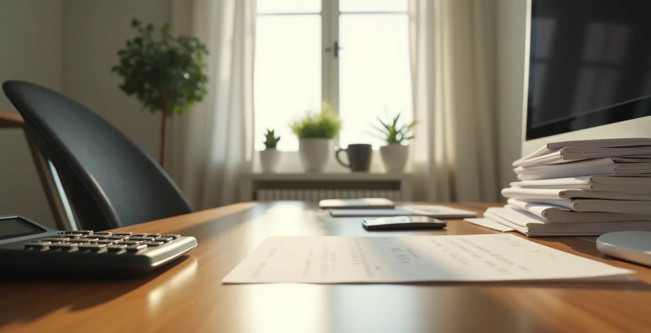 Bureau épuré avec documents administratifs organisés et calculatrice dans un environnement calme