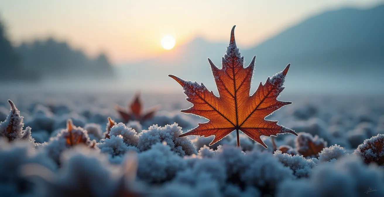 Paysage de la Gaspésie enveloppé dans la brume automnale avec sommets enneigés