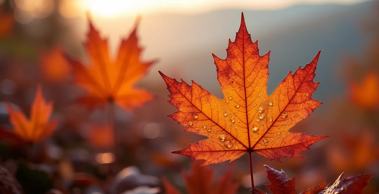 Paysage automnal de Charlevoix avec montagnes enveloppées de brume matinale et forêt colorée