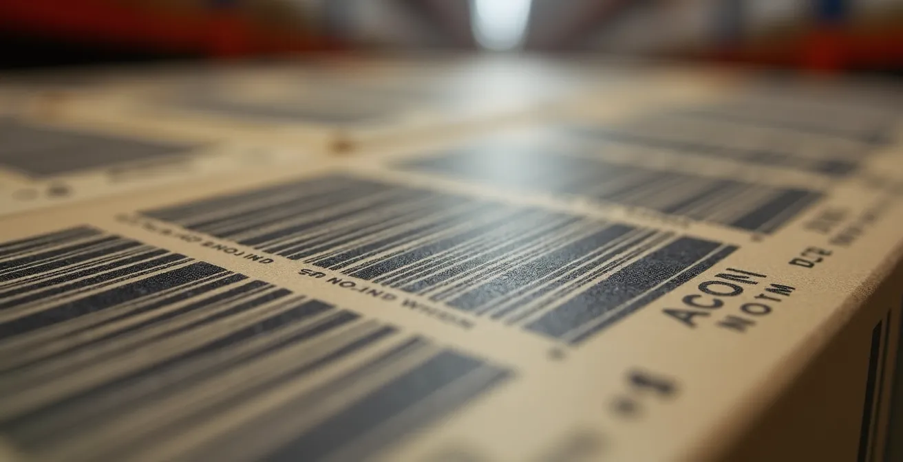 Vue macro de codes-barres abstraits sur des boîtes d'entrepôt avec effet de profondeur de champ