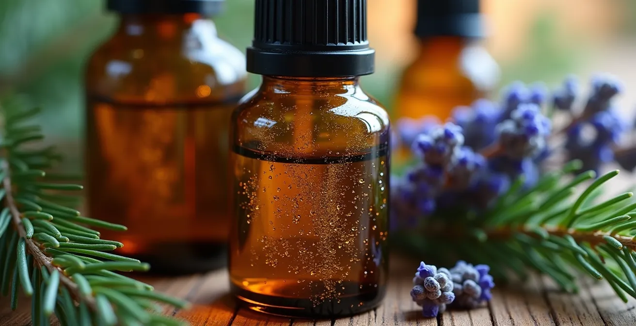 Composition d'huiles essentielles avec branches de sapin baumier et lavande sur surface en bois naturel