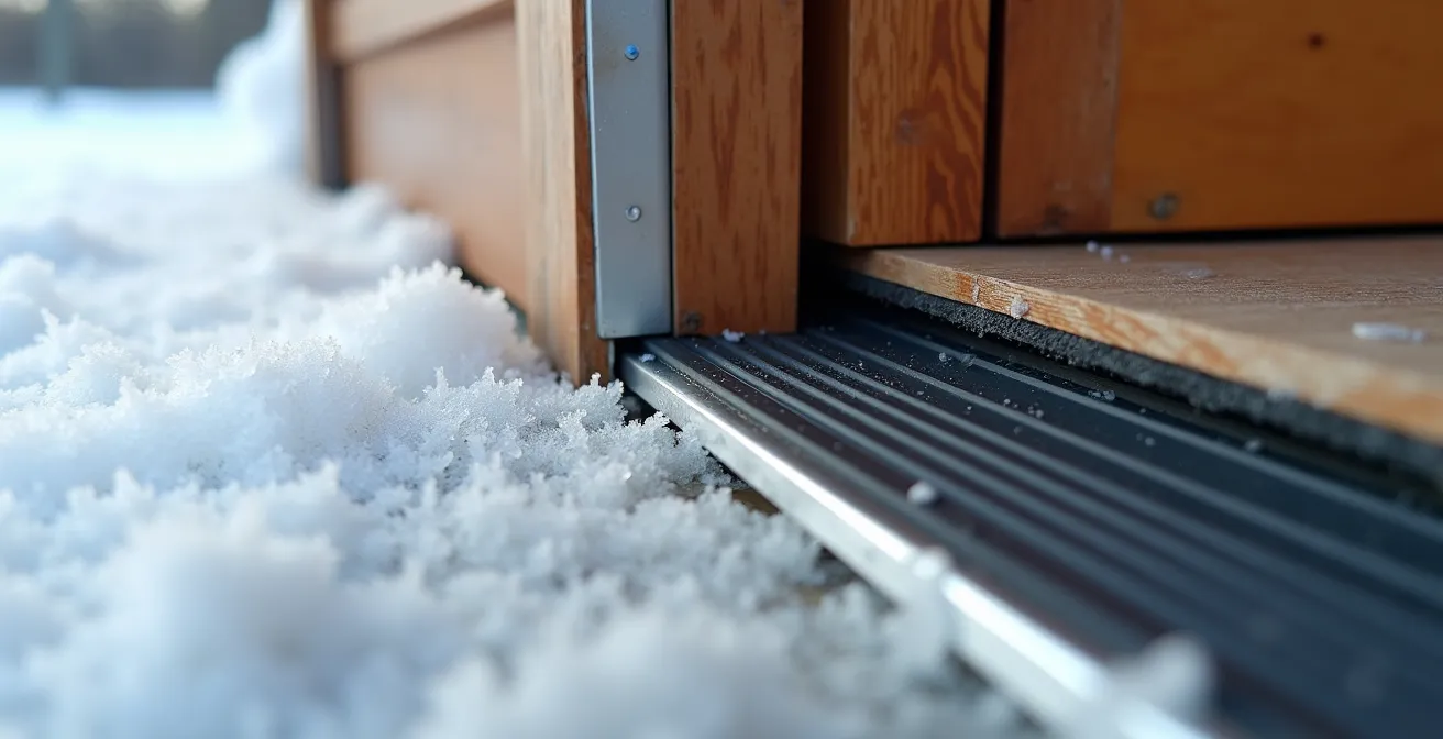 Vue macro du joint caoutchouc EPDM installé sur cadre de porte en bois avec neige visible