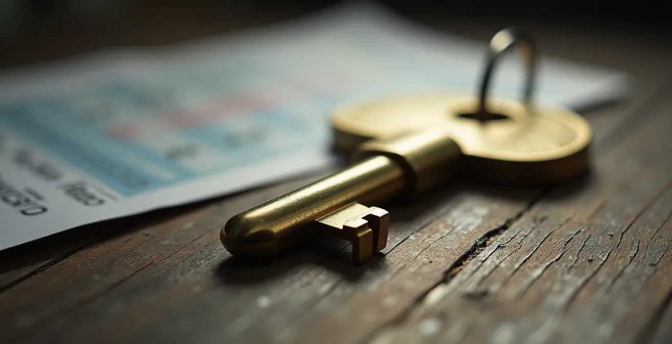 Calculatrice et documents d'analyse immobilière sur bureau avec clés de propriété