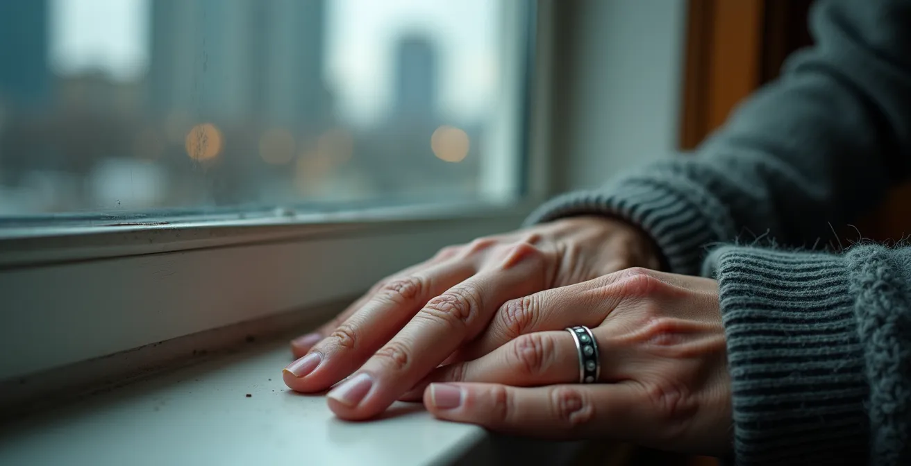 Personne âgée regardant par la fenêtre d'un condo en hauteur avec vue sur la ville