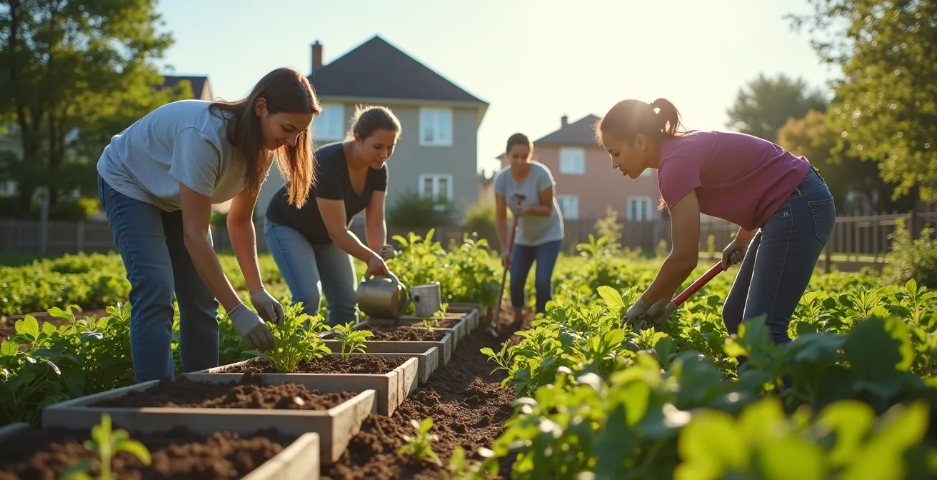 Bénévoles de diverses origines travaillant ensemble dans un jardin communautaire canadien