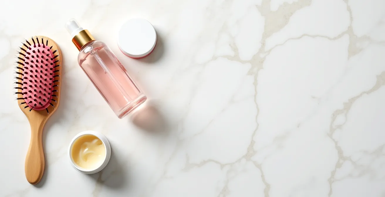 Arrangement artistique d'objets anti-statiques pour cheveux incluant brosse en poils naturels et vaporisateur