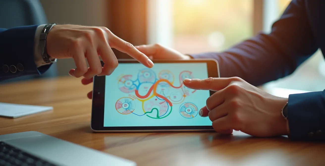 Mains tenant une tablette numérique affichant des diagrammes de processus colorés dans un environnement de bureau