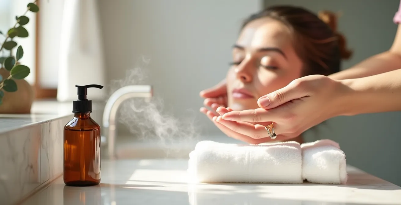 Mains appliquant de l'huile démaquillante sur visage dans ambiance spa nordique