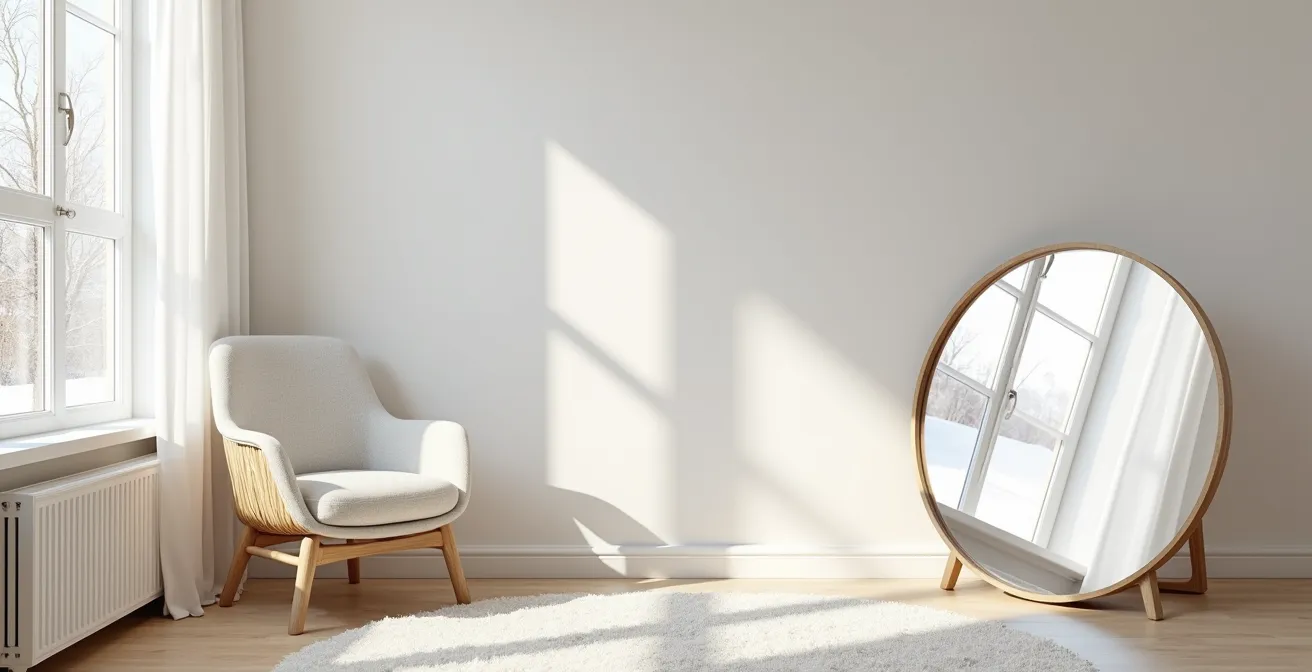 Grand miroir arrondi face à une fenêtre reflétant la lumière naturelle dans un salon moderne