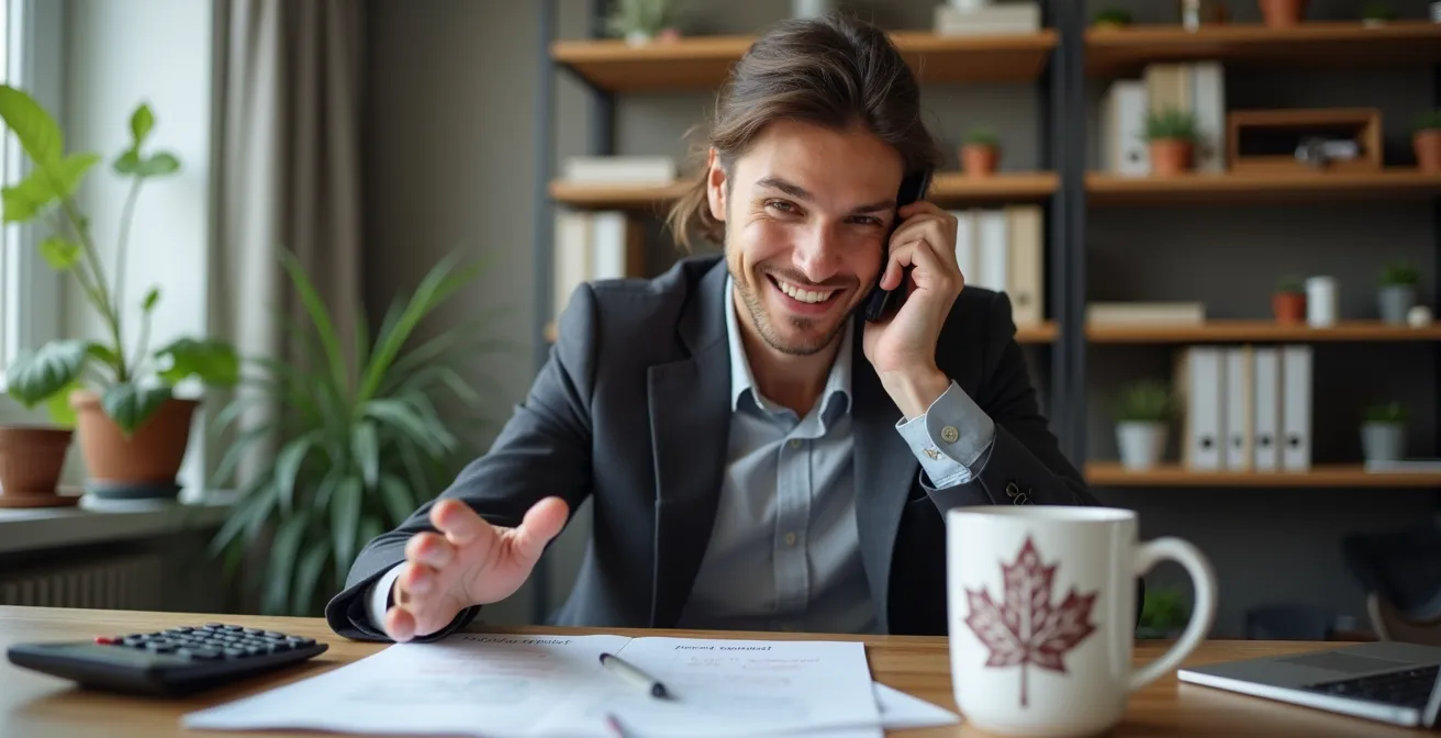 Personne professionnelle au téléphone dans un bureau à domicile canadien avec notes et calculatrice