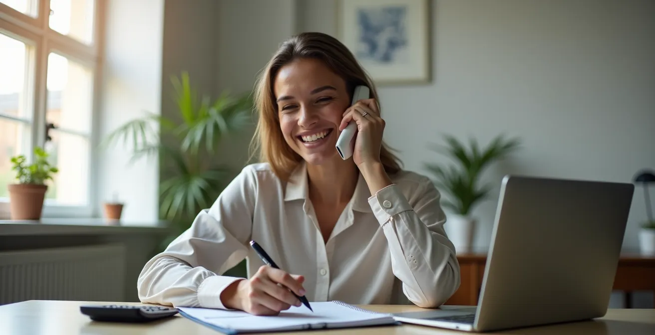 Personne au téléphone prenant des notes avec calculatrice sur bureau minimaliste