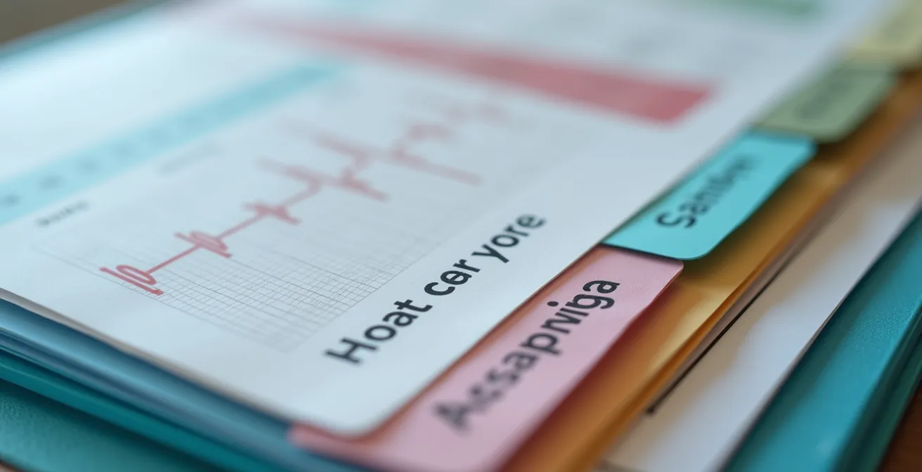 Vue macro détaillée d'un classeur santé organisé avec onglets colorés et documents médicaux