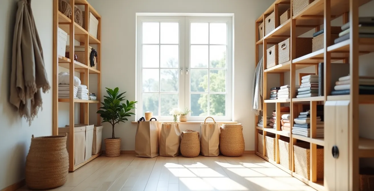 Espace de tri domestique organisé avec boîtes étiquetées pour donation, vente et recyclage dans un environnement épuré