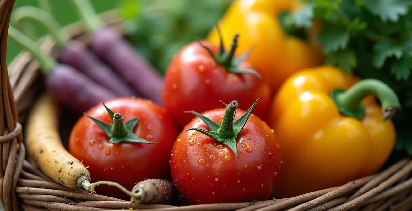 Gros plan sur un panier de légumes biologiques fraîchement récoltés d'une ferme locale québécoise