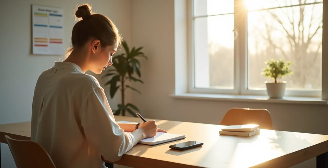 Une personne prenant des notes dans un carnet de santé avec son téléphone posé à côté